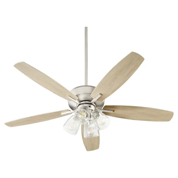 This five-blade ceiling fan combines transitional elegance with practical functionality. The satin nickel finish and clear seeded glass shades create a refined look that adapts to various design styles, while the 12-degree blade pitch ensures efficient air circulation.
