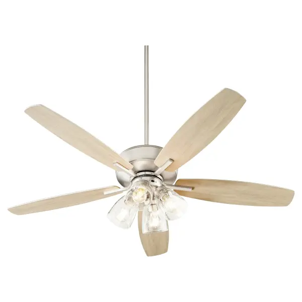 This five-blade ceiling fan combines transitional elegance with practical functionality. The satin nickel finish and clear seeded glass shades create a refined look that adapts to various design styles, while the 12-degree blade pitch ensures efficient air circulation. - alternate view