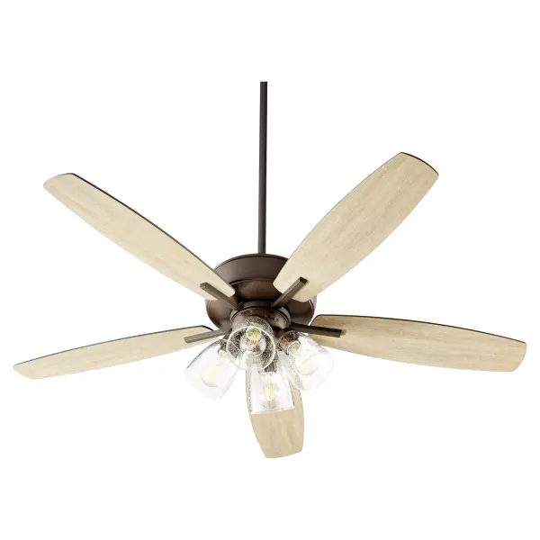 This five-blade ceiling fan combines transitional elegance with practical functionality. The oiled bronze finish and clear seeded glass shades create a refined look that adapts to various design styles, while the 12-degree blade pitch ensures efficient air circulation.