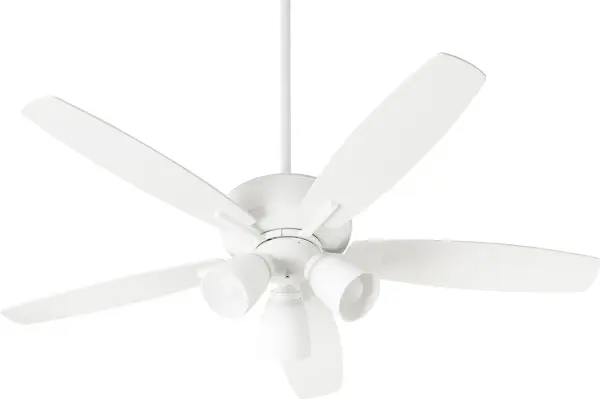 This five-blade ceiling fan with integrated lighting delivers both comfort and illumination in a refined Studio White finish. The satin opal glass shades provide soft, diffused light while the 12-degree blade pitch ensures efficient air circulation for medium to large rooms.