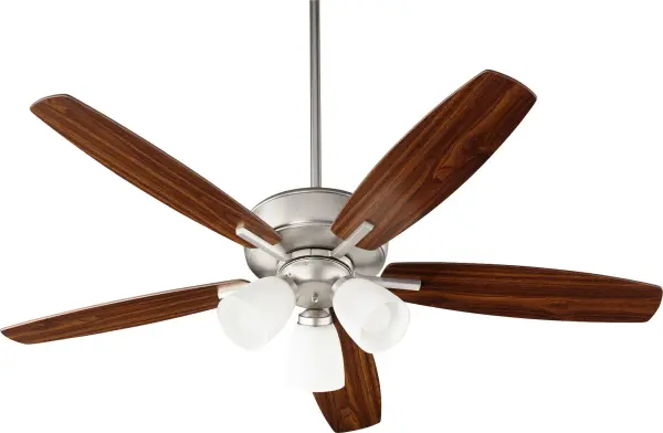 This five-blade ceiling fan with integrated lighting combines refined satin nickel finish with practical functionality. The 12-degree blade pitch ensures efficient air circulation while satin opal glass shades provide ambient lighting for medium to large spaces.