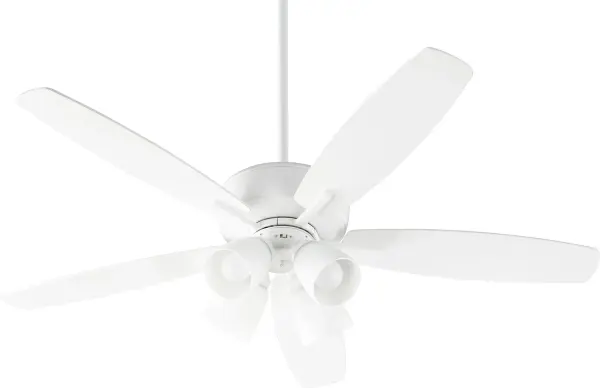 This five-blade ceiling fan with integrated four-light fixture delivers both function and refined style. The Studio White finish and satin opal glass shades create a bright, airy aesthetic that complements any décor.
