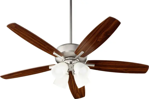 This five-blade ceiling fan with integrated lighting combines refined satin nickel finish with practical functionality. The 12-degree blade pitch ensures efficient air circulation while satin opal glass shades provide ambient illumination.