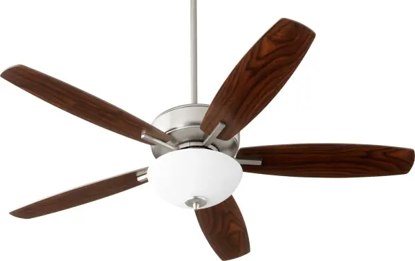 This five-blade ceiling fan combines style and function with its luxe satin nickel finish and satin opal glass lighting. The 12-degree blade pitch ensures optimal airflow while the transitional design fits seamlessly into any décor.