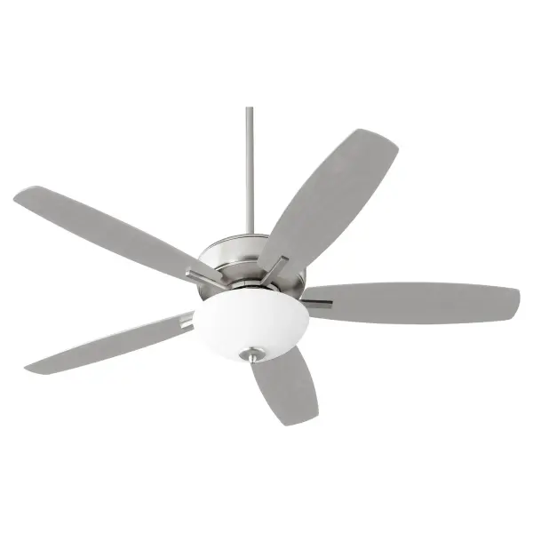 This five-blade ceiling fan combines style and function with its luxe satin nickel finish and satin opal glass lighting. The 12-degree blade pitch ensures optimal airflow while the transitional design fits seamlessly into any décor. - alternate view
