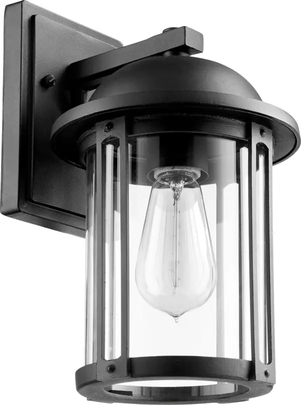 This 13-inch outdoor wall light combines timeless transitional design with practical wet-rated performance. The black finish and clear seeded glass cylinder create warm ambient lighting perfect for covered outdoor spaces.