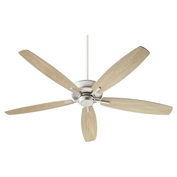This five-blade ceiling fan combines sophisticated style with practical performance. The luxe satin nickel finish and 12-degree blade pitch deliver both visual appeal and efficient air circulation for larger spaces. - alternate view