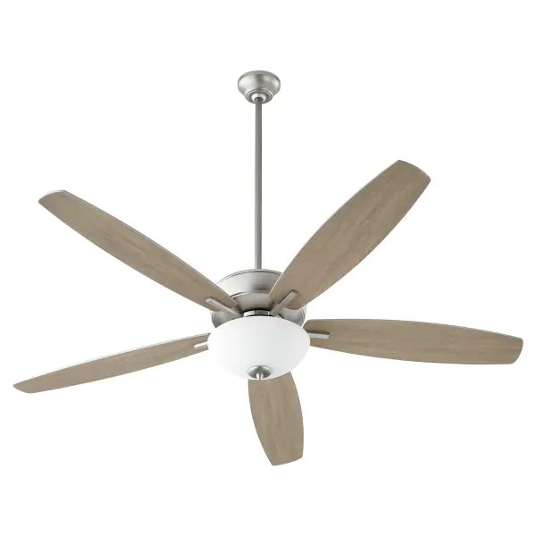 This five-blade ceiling fan with integrated bowl light delivers both form and function. The refined satin nickel finish and opal glass shade create a clean, transitional look that works in any space, while the 12-degree blade pitch ensures effective air circulation. - alternate view