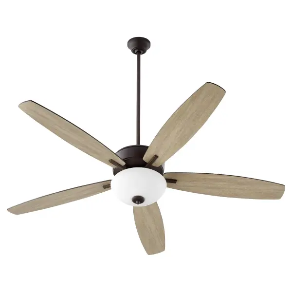 This five-blade ceiling fan combines style and function with its luxe oiled bronze finish and satin opal bowl light. The 12-degree blade pitch ensures optimal airflow while the versatile design complements any décor. - alternate view