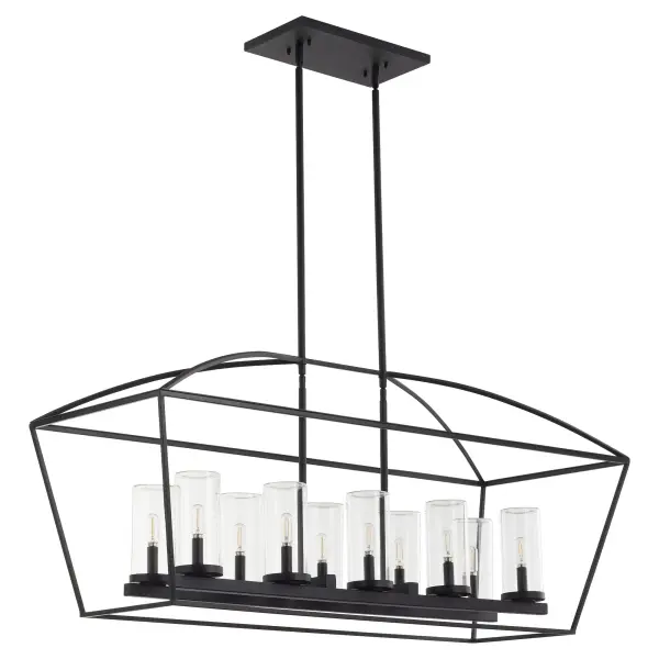 The Odeon 10-Light Linear Chandelier combines geometric cage styling with practical wet-location rating. Clear glass cylinders and candelabra sockets create ambient lighting, while the matte black finish delivers modern sophistication for covered outdoor spaces and large interior rooms.