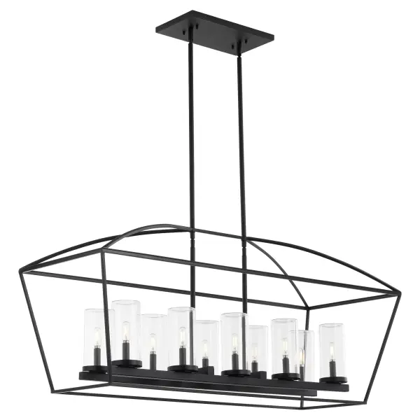 The Odeon 10-Light Linear Chandelier combines geometric cage styling with practical wet-location rating. Clear glass cylinders and candelabra sockets create ambient lighting, while the matte black finish delivers modern sophistication for covered outdoor spaces and large interior rooms. - alternate view