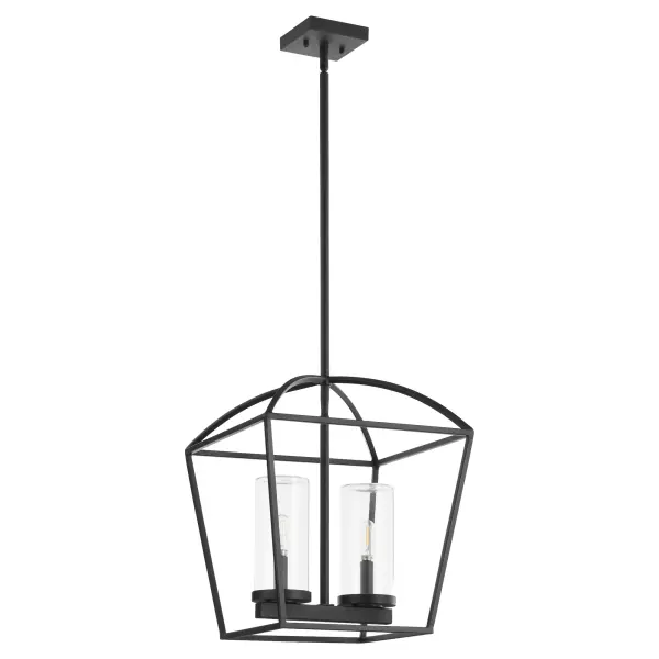 The Odeon 2-Light Pendant combines geometric cage design with practical outdoor durability. Its matte black finish and clear glass cylinders create sophisticated curb appeal while wet-listing ensures reliable performance.