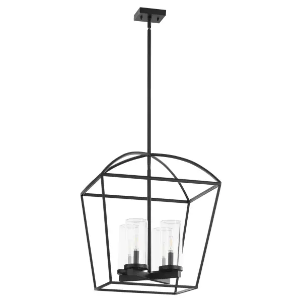 The Odeon 4-Light Pendant combines industrial cage styling with refined glass cylinders and a matte black finish. Wet-listed for outdoor use, it delivers both visual impact and weather-resistant functionality.