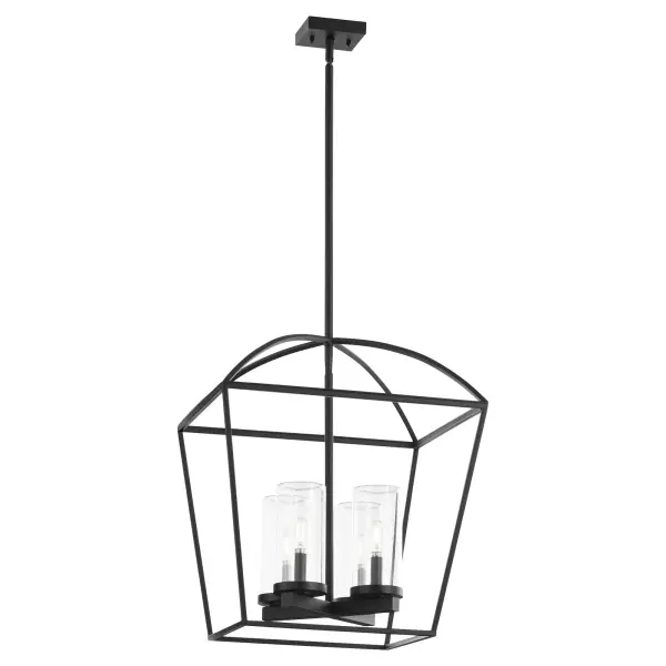 The Odeon 4-Light Pendant combines industrial cage styling with refined glass cylinders and a matte black finish. Wet-listed for outdoor use, it delivers both visual impact and weather-resistant functionality. - alternate view