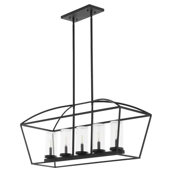 The Odeon linear chandelier combines industrial cage styling with outdoor functionality. Five candelabra lights housed in clear glass cylinders create ambient illumination, while the matte black finish delivers modern sophistication and weather resistance.