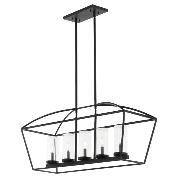 The Odeon linear chandelier combines industrial cage styling with outdoor functionality. Five candelabra lights housed in clear glass cylinders create ambient illumination, while the matte black finish delivers modern sophistication and weather resistance. - alternate view