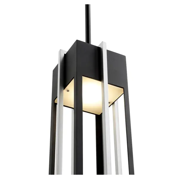 The Al Fresco pendant features a unique dual-layered geometric frame with sophisticated two-tone finish. Perfect for contemporary outdoor settings, this 18-inch fixture balances modern design with weather-resistant durability. - alternate view