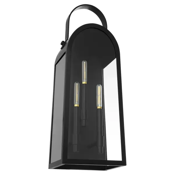 The Rossi 25" lantern combines modern design with industrial charm, featuring a rectangular metal frame, curved top handle, and clear glass panels that showcase four candelabra lights in a striking staggered arrangement.