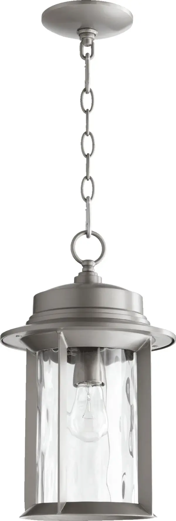The Charter pendant combines clean-lined transitional design with outdoor durability. Its 16" drum silhouette features hammered glass panels that diffuse light beautifully while the graphite metal frame adds modern sophistication to porches and entryways.