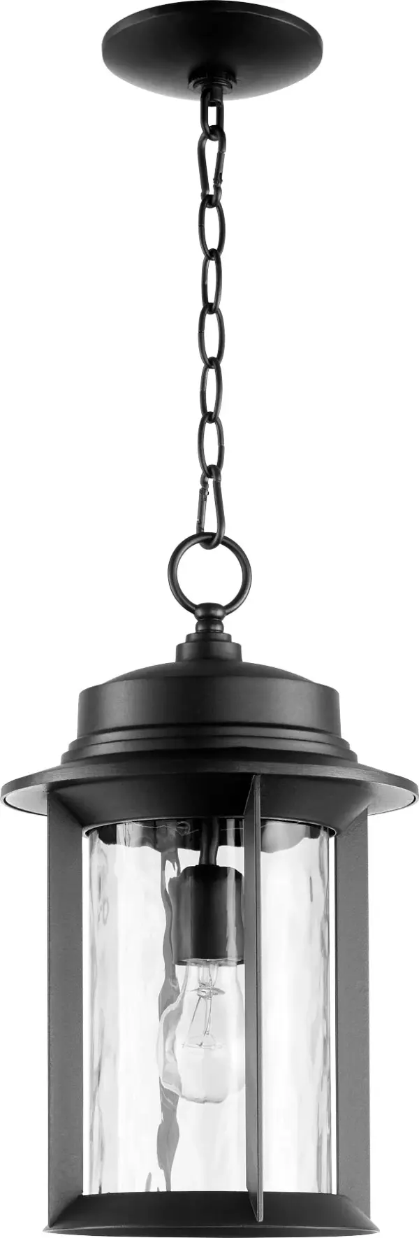 The Charter outdoor pendant combines clean-lined transitional design with durable construction perfect for covered outdoor spaces. Its 16-inch hammered glass drum shade adds visual interest while the black metal frame provides weather resistance.