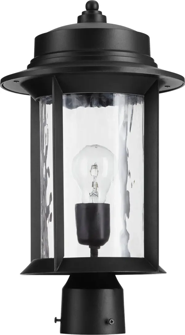 The Charter post light combines durability with refined style, featuring a drum silhouette with hammered glass panes. Its transitional design bridges traditional and modern aesthetics, making it versatile for various outdoor settings.