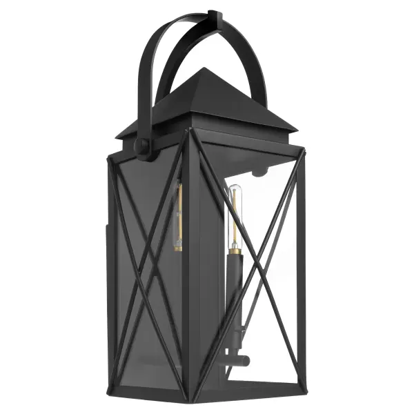 The Mystic 20" wall lantern combines traditional lantern styling with contemporary construction. Its rectangular frame, cross-brace detailing, and peaked roof create timeless curb appeal, while clear glass panels and dual candelabra lights provide warm, inviting illumination.