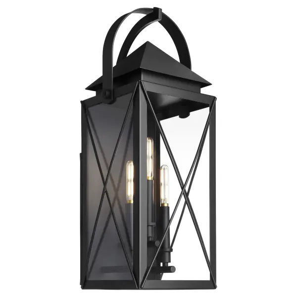 The Mystic 25" outdoor wall lantern combines traditional lantern styling with contemporary construction. Featuring a rectangular frame with clear glass panels and decorative cross-brace detailing, it creates warm, inviting illumination perfect for entryways and porches. - alternate view