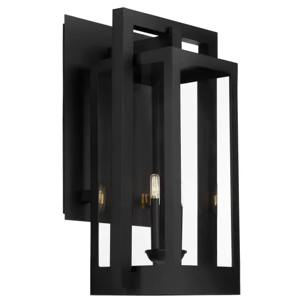 The Marco 30" lantern combines striking geometric design with marine-grade construction, making it ideal for coastal and high-exposure outdoor areas. Its textured black finish and interlocking rectangular frame create modern architectural interest. - alternate view