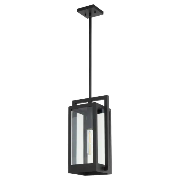 The Marco pendant combines modern geometric design with marine-grade durability. Its interlocking rectangular frame in matte black creates visual interest while standing up to outdoor conditions.