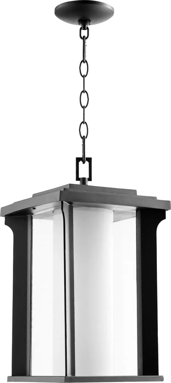 The Garrett pendant brings timeless traditional design to your exterior with its boxed lantern silhouette and textured black finish. The satin opal glass diffuser provides soft, welcoming illumination perfect for porches and entryways.