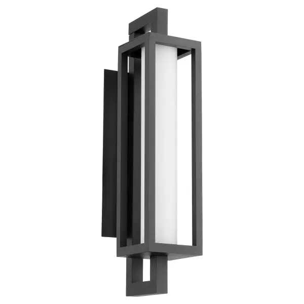 The Parlor LED lantern combines soft contemporary design with durable outdoor construction. Its textured black frame and satin opal glass create modest luxury while LED technology ensures energy-efficient illumination for patios, porches, and entryways.