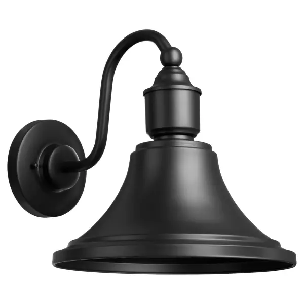 This 14" wall lantern combines classic industrial design with modern outdoor performance. The matte black finish and bell-shaped shade create a refined yet rugged aesthetic perfect for any exterior space.