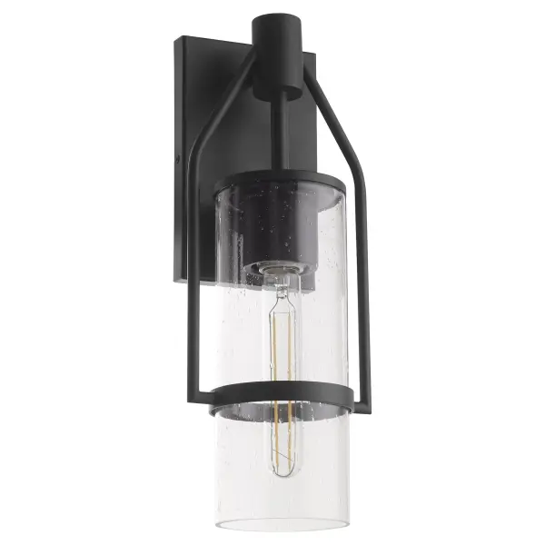 The Townshend lantern blends traditional lantern styling with modern geometric lines in a durable textured black finish. Its 16-inch scale and clear glass shade provide ample illumination while the slender steel frame adds contemporary sophistication to any exterior. - alternate view