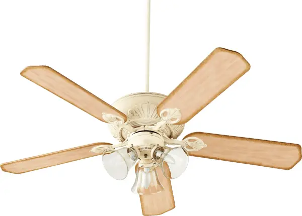 The Chateaux combines timeless traditional styling with practical functionality. Featuring scalloped tip blades, floral blade arms, and three seeded glass light shades, this 52" fan delivers both visual charm and reliable air circulation.
