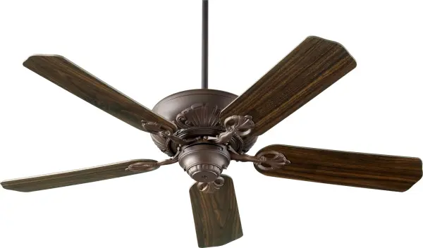 The Chateaux ceiling fan brings timeless sophistication to large living spaces with its oiled bronze finish, scalloped blade tips, and floral blade arms. Five blades provide excellent air circulation while the traditional design complements both classic and contemporary interiors.