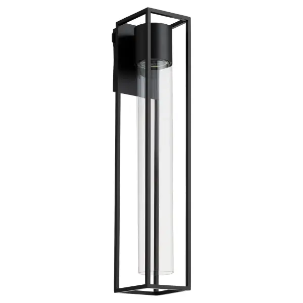 The Delgado 28" LED Lantern combines striking architectural lines with a sleek matte black finish. Its mid-century inspired design features bold geometric forms and a slender frame, making it an ideal statement piece for modern exteriors.
