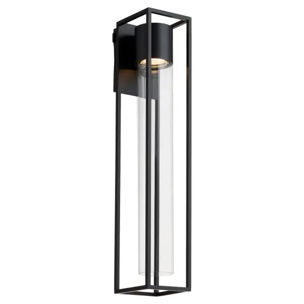The Delgado 28" LED Lantern combines striking architectural lines with a sleek matte black finish. Its mid-century inspired design features bold geometric forms and a slender frame, making it an ideal statement piece for modern exteriors. - alternate view
