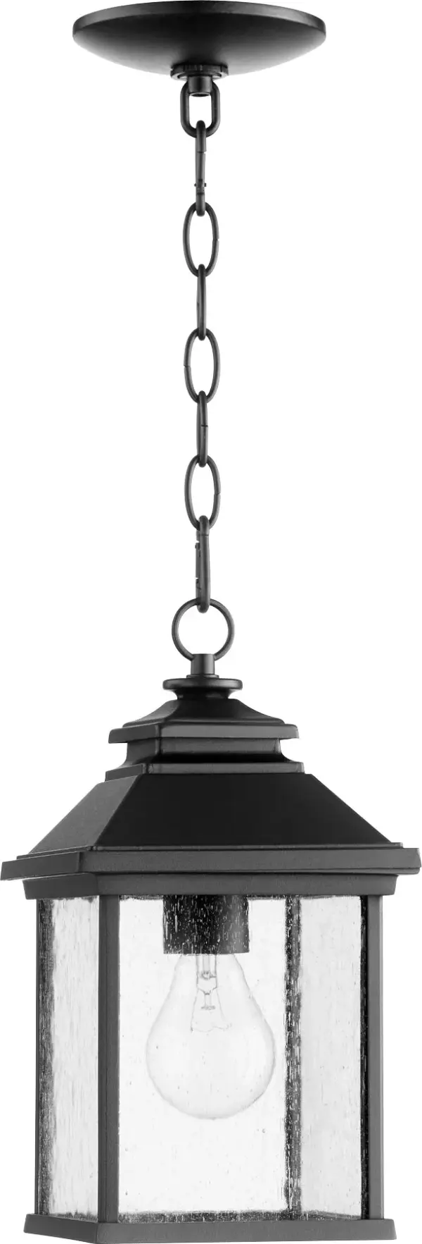 The Pearson outdoor pendant combines timeless traditional design with durable weather-resistant construction. Clear seeded glass panels and a maintenance-friendly aluminum frame in Noir finish create an elegant lighting solution for covered outdoor spaces.