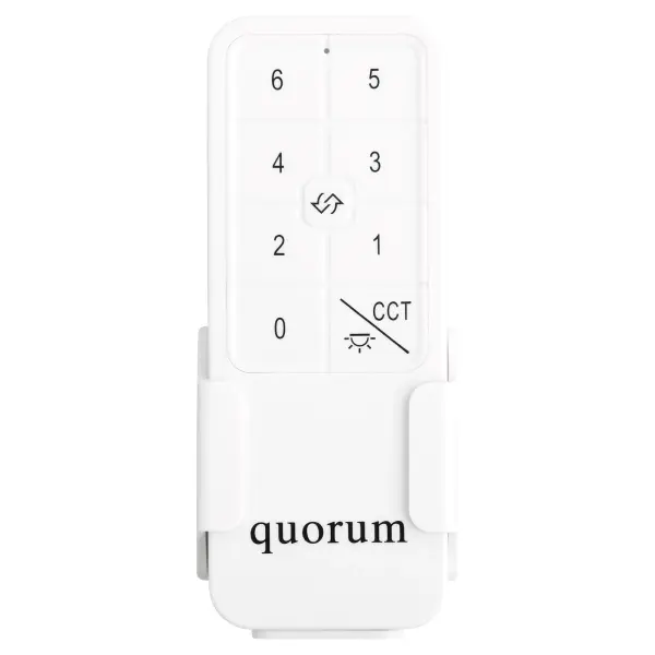 Universal fan remote control in clean white finish. Provides convenient wireless control of fan speed and lighting functions. Compatible with most Quorum ceiling fans for easy operation from anywhere in the room.