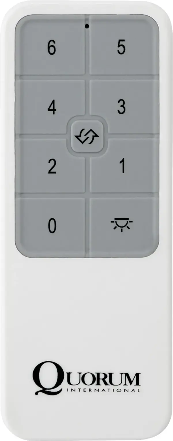 This handheld remote offers comprehensive control of DC ceiling fans with 6-speed settings, forward/reverse functions, and integrated light dimming. The clean white finish complements any décor while providing convenient wireless operation.