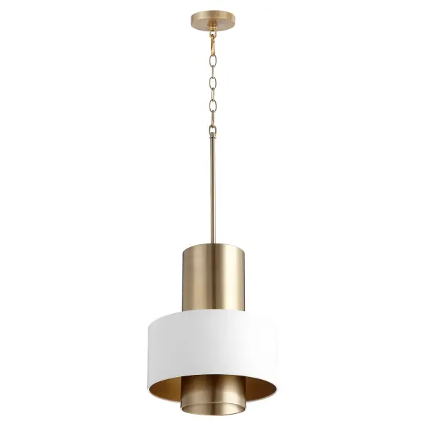 This eclectic pendant combines opaque white exterior with warm aged brass interior for a sophisticated glow. The two-tiered drum design and acrylic diffuser create ambient lighting perfect for modern farmhouse or transitional spaces.