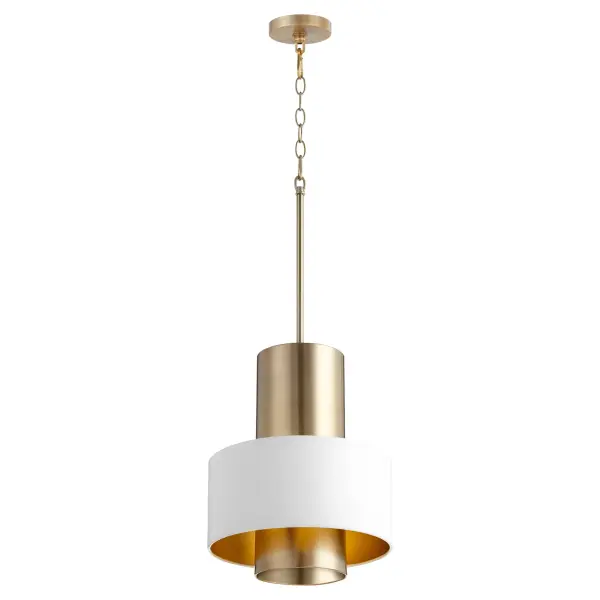 This eclectic pendant combines opaque white exterior with warm aged brass interior for a sophisticated glow. The two-tiered drum design and acrylic diffuser create ambient lighting perfect for modern farmhouse or transitional spaces. - alternate view