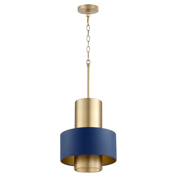 Two-Toned Blue & Aged Brass Cylinder Drum Pendant