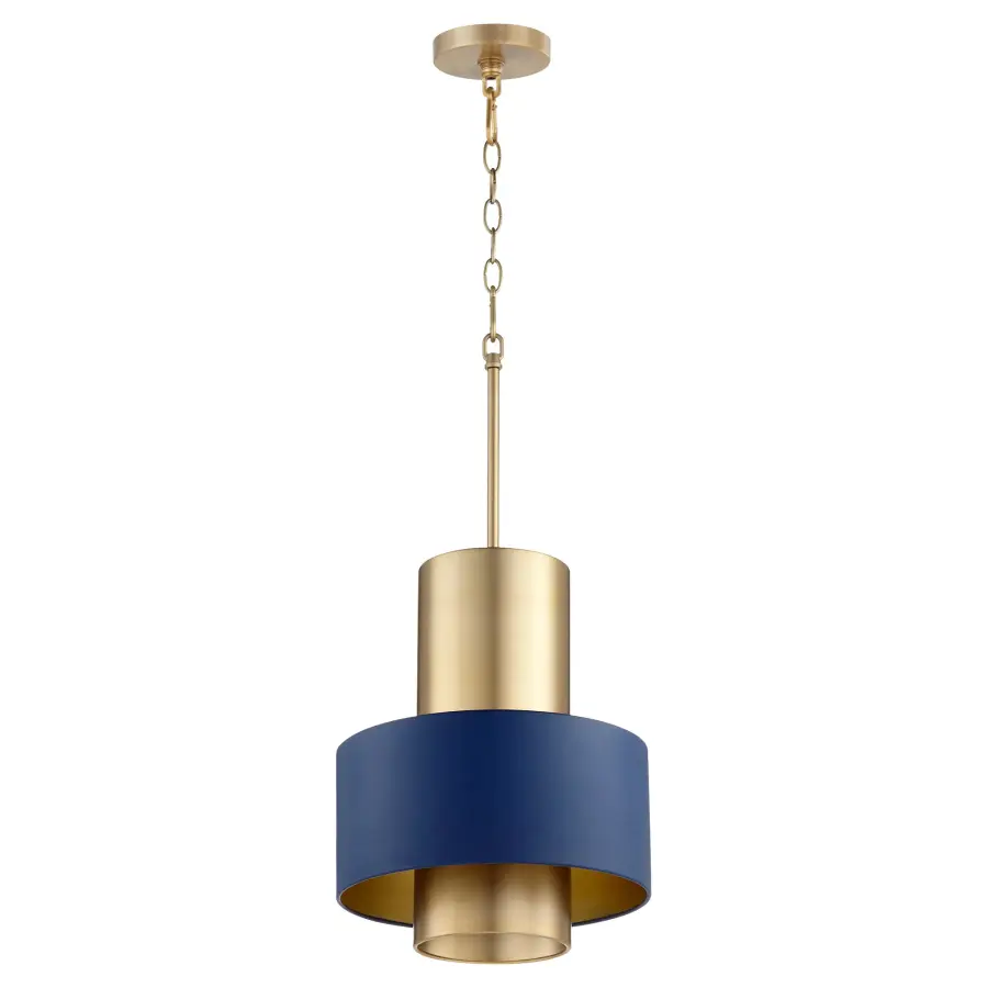 Two-Toned Blue & Aged Brass Cylinder Drum Pendant