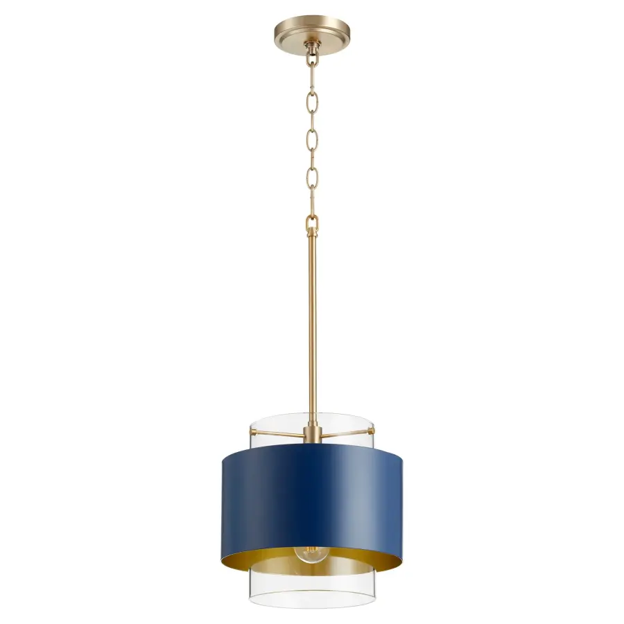 Aged Brass Contemporary Pendant with Blue Drum Shade