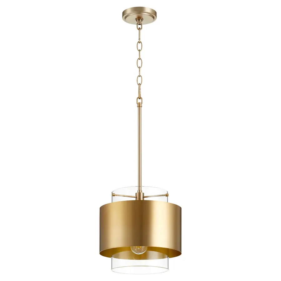 Aged Brass Contemporary Pendant with Black Drum Shade