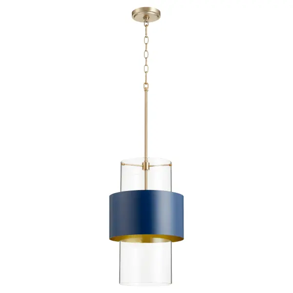 Aged Brass Contemporary Pendant with Blue Drum Shade