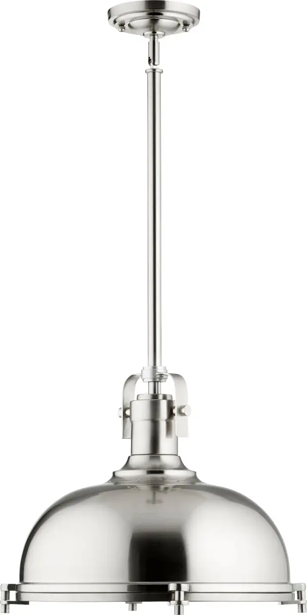 This transitional dome pendant combines industrial style with refined elegance through its satin nickel finish and nautical-inspired detailing. The reflective dome shade provides focused task lighting while making a bold design statement.