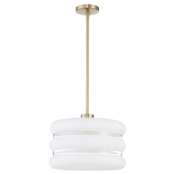 The Gillis pendant combines clean contemporary lines with warm transitional appeal. Its unique pillowy glass design features three horizontal frosted bands that diffuse light beautifully while the aged brass finish adds timeless elegance.