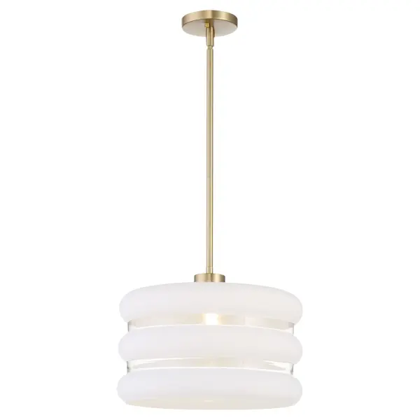 The Gillis pendant combines clean contemporary lines with warm transitional appeal. Its unique pillowy glass design features three horizontal frosted bands that diffuse light beautifully while the aged brass finish adds timeless elegance. - alternate view